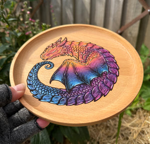 Sleepy Sunset Dragon Handpainted Wooden Trinket Dish
