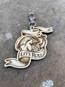 Let's Roll Dice Dragon Engraved Wooden Keyring Charm