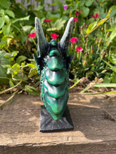 Load image into Gallery viewer, Hand painted green resin dragon bust