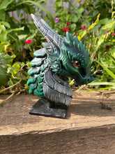 Load image into Gallery viewer, Hand painted green resin dragon bust