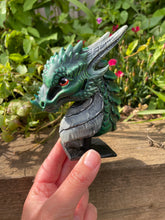 Load image into Gallery viewer, Hand painted green resin dragon bust