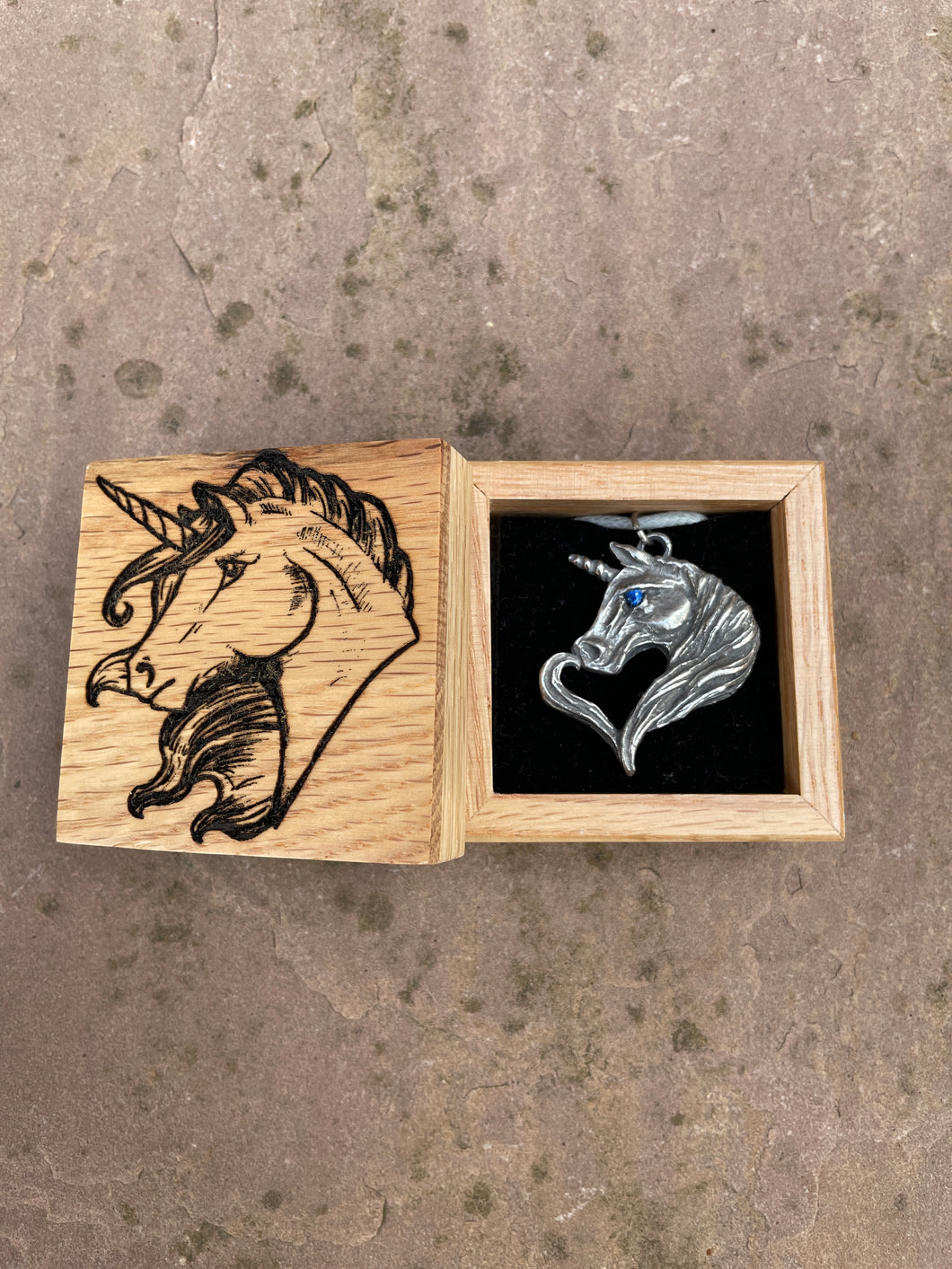 Engraved Box and Pewter Unicorn Necklace Gift Set