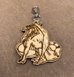 Sitting Flower Dragon Wooden Engraved Keyring Charm