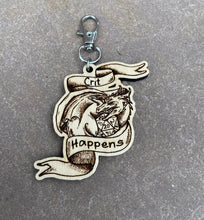 Load image into Gallery viewer, Crit Happens Dragon Engraved Wooden Keyring Charm