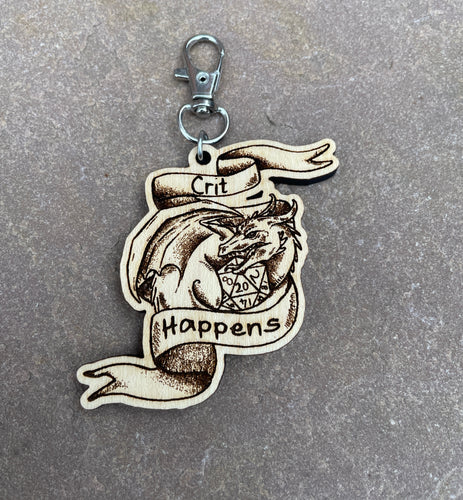 Crit Happens Dragon Engraved Wooden Keyring Charm