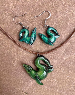 CUSTOM PAINTED Mosasaur Earring and Pendant Set