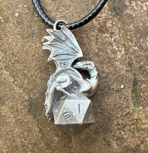 D20 Dice Dragon Pewter Necklace Charm