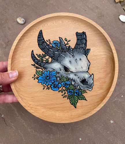 Dragon Skull (Blue Flowers) Handpainted Wooden Trinket Dish
