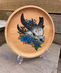 Dragon Skull (Blue Flowers) Handpainted Wooden Trinket Dish