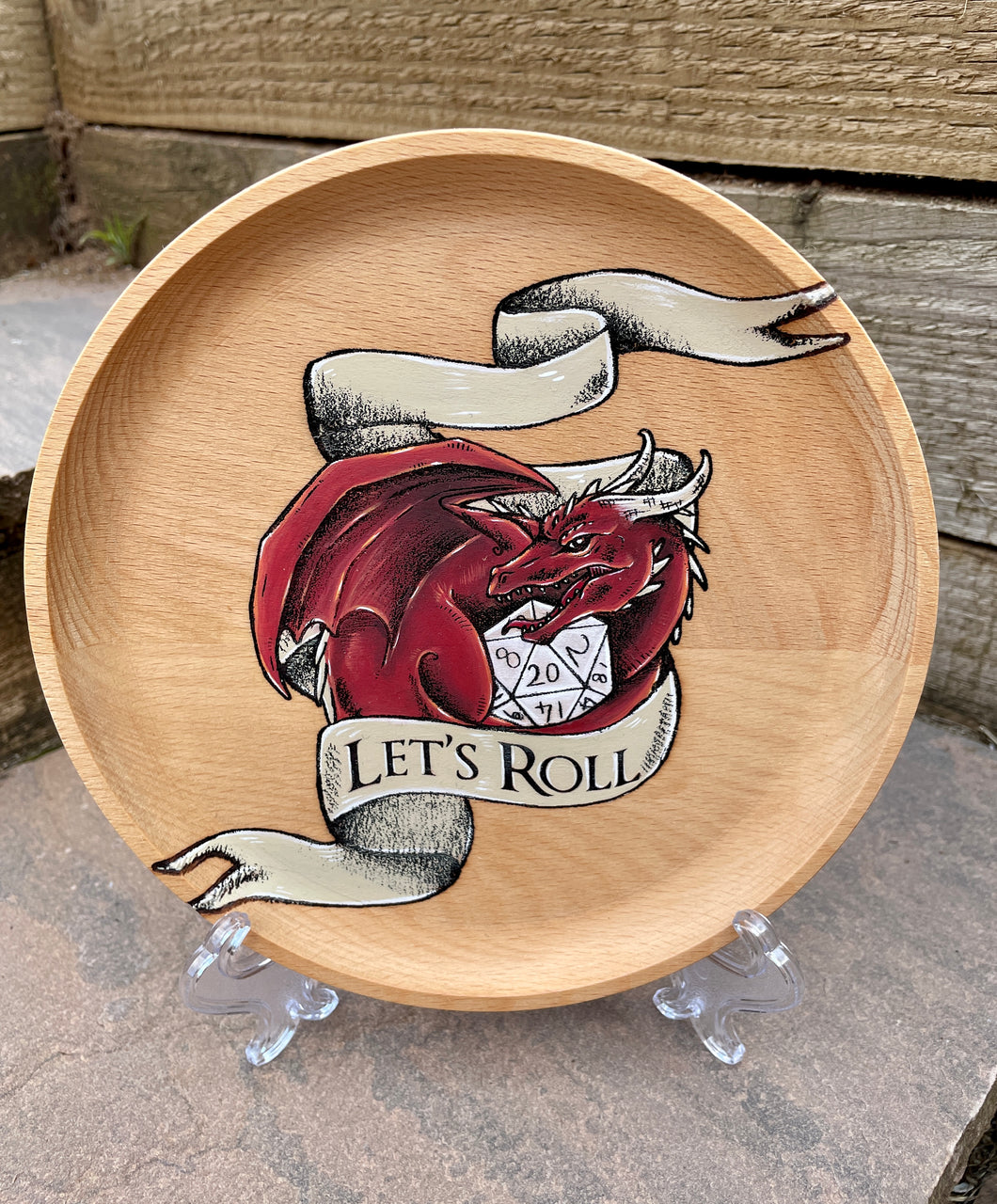 Let's Roll Dragon Handpainted Wooden Trinket Dish