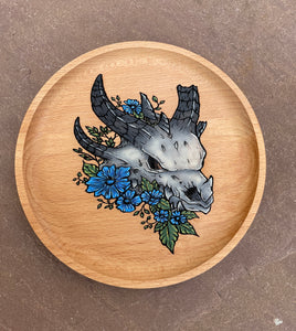 Dragon Skull (Blue Flowers) Handpainted Wooden Trinket Dish