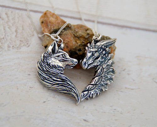 Sterling Silver Wolf/Dragon Friendship Pendant Set