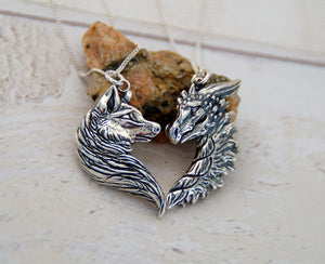 Sterling Silver Wolf/Dragon Friendship Pendant Set
