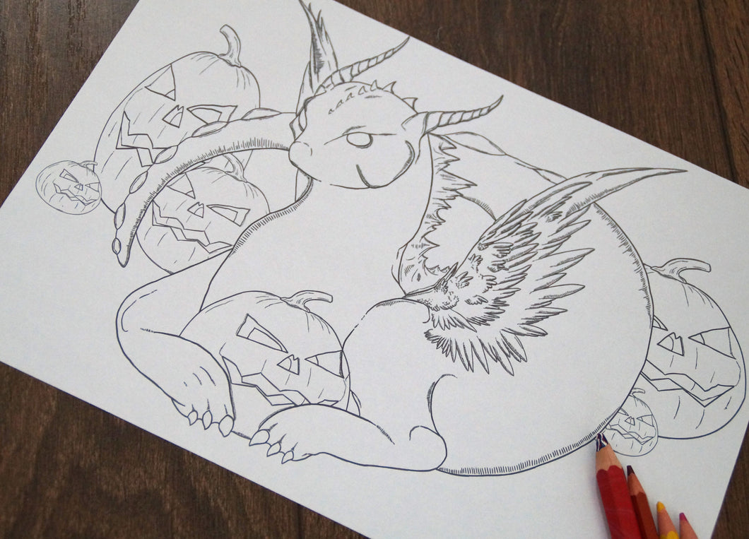 (Digital Download) Halloween Dragon Lineart Colouring Page A4