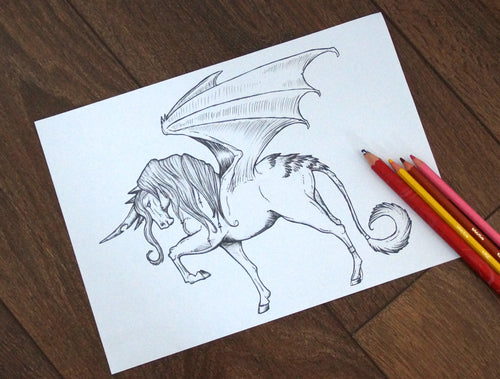(Digital Download) Dragon Wing Unicorn Lineart Colouring Page A4