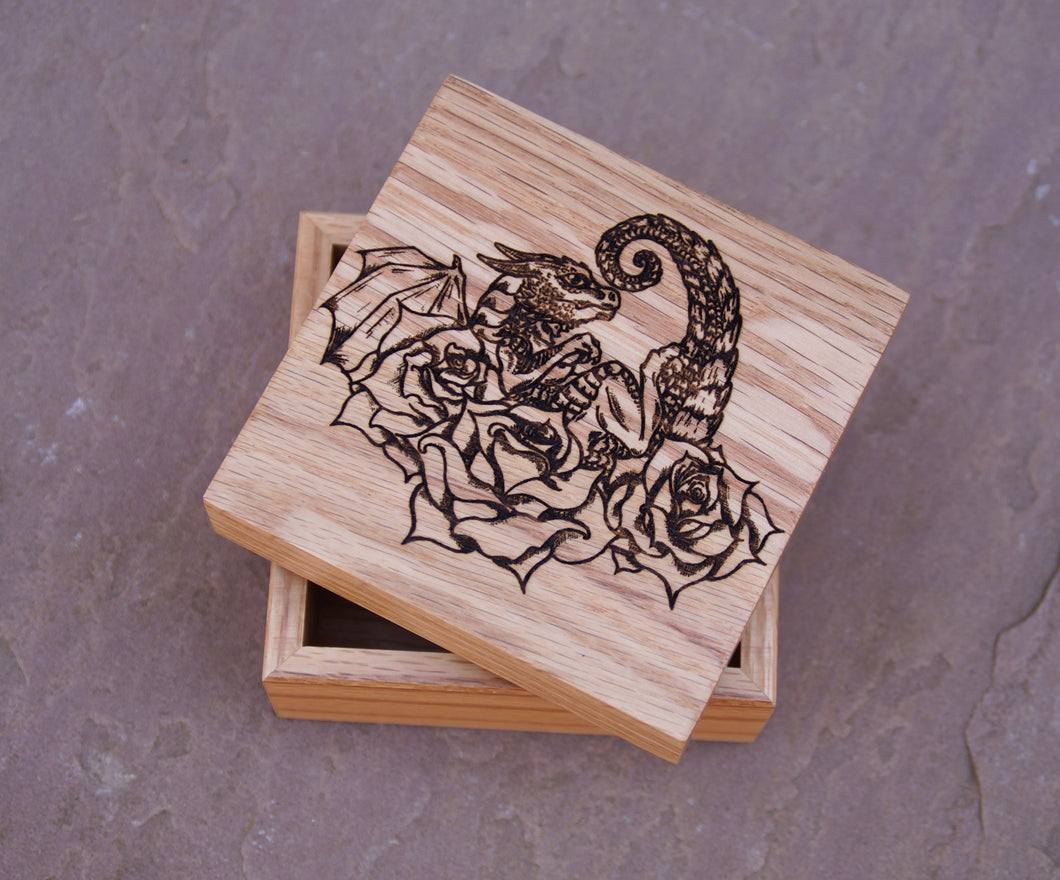 Rose Dragon Hatchling Solid Oak 9cm Wooden Box (Made to Order)