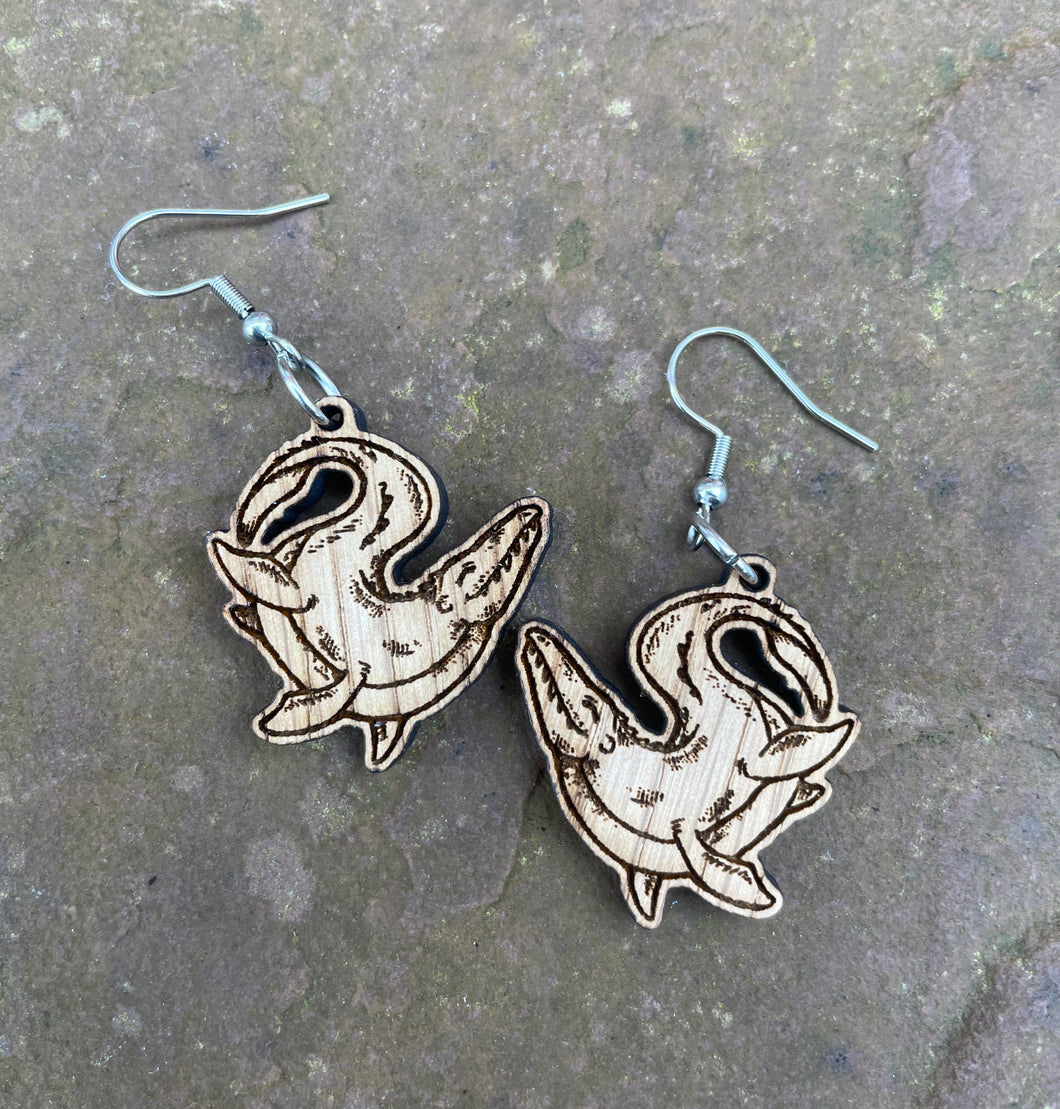 Happy Mosasaur Engraved Wooden Earrings
