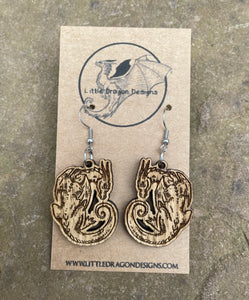 Napping Dragon Wooden Engraved Earrings