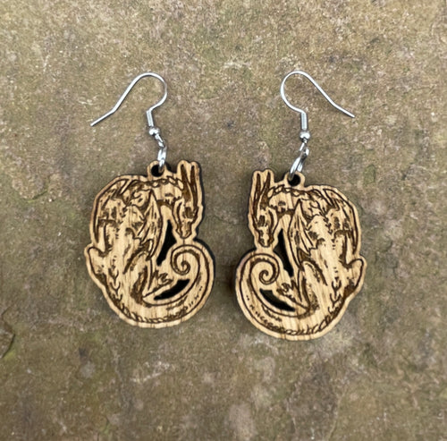 Napping Dragon Wooden Engraved Earrings