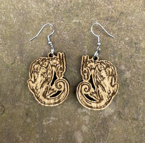 Napping Dragon Wooden Engraved Earrings