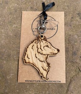 Wolf Bust Wooden Engraved Keyring Charm