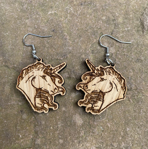 Unicorn Bust Wooden Engraved Earrings