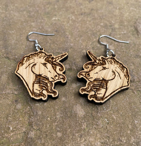 Unicorn Bust Wooden Engraved Earrings