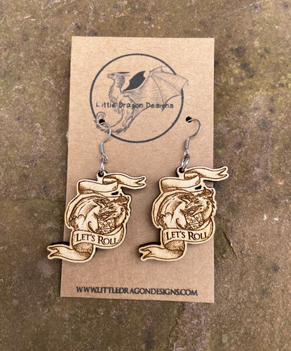 Let's Roll D20 Dice Dragon Wooden Engraved Earrings