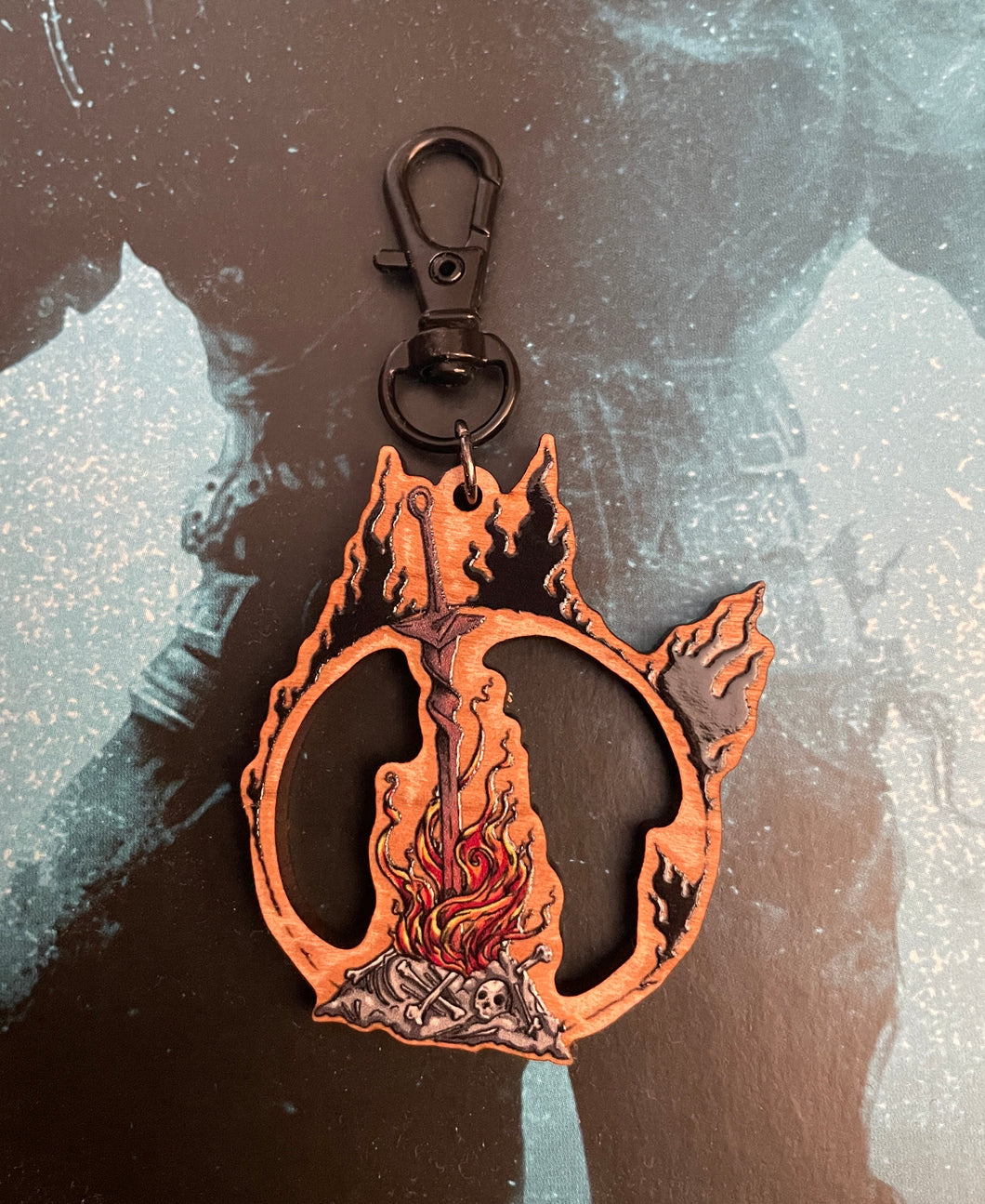 Dark Sign Bonfire Printed Cherry Wood Charm