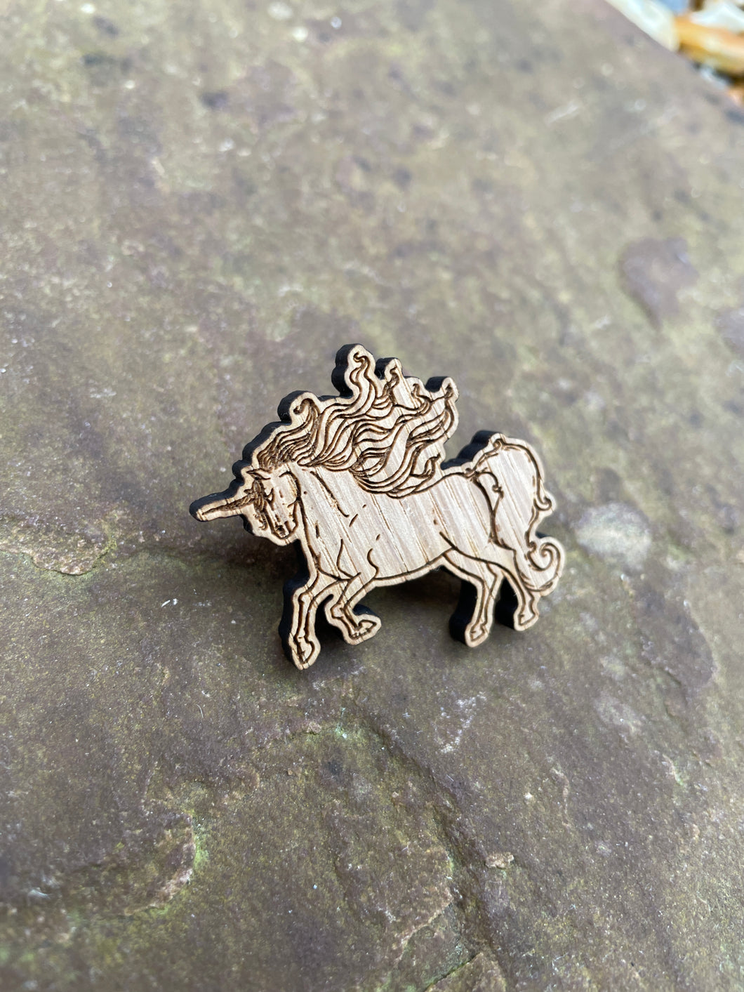 Unicorn Engraved Pin Wooden Badge