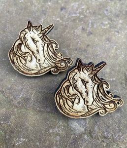Flowing Unicorn Engraved Wooden Pin Badge