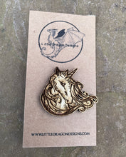 Load image into Gallery viewer, Flowing Unicorn Engraved Wooden Pin Badge