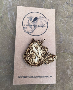 Flowing Unicorn Engraved Wooden Pin Badge